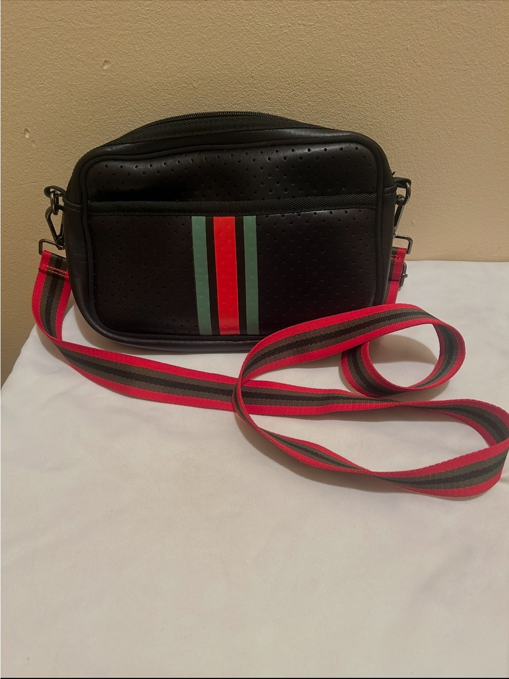 Black Crossbody Camera Bag with Red & Green Stripe